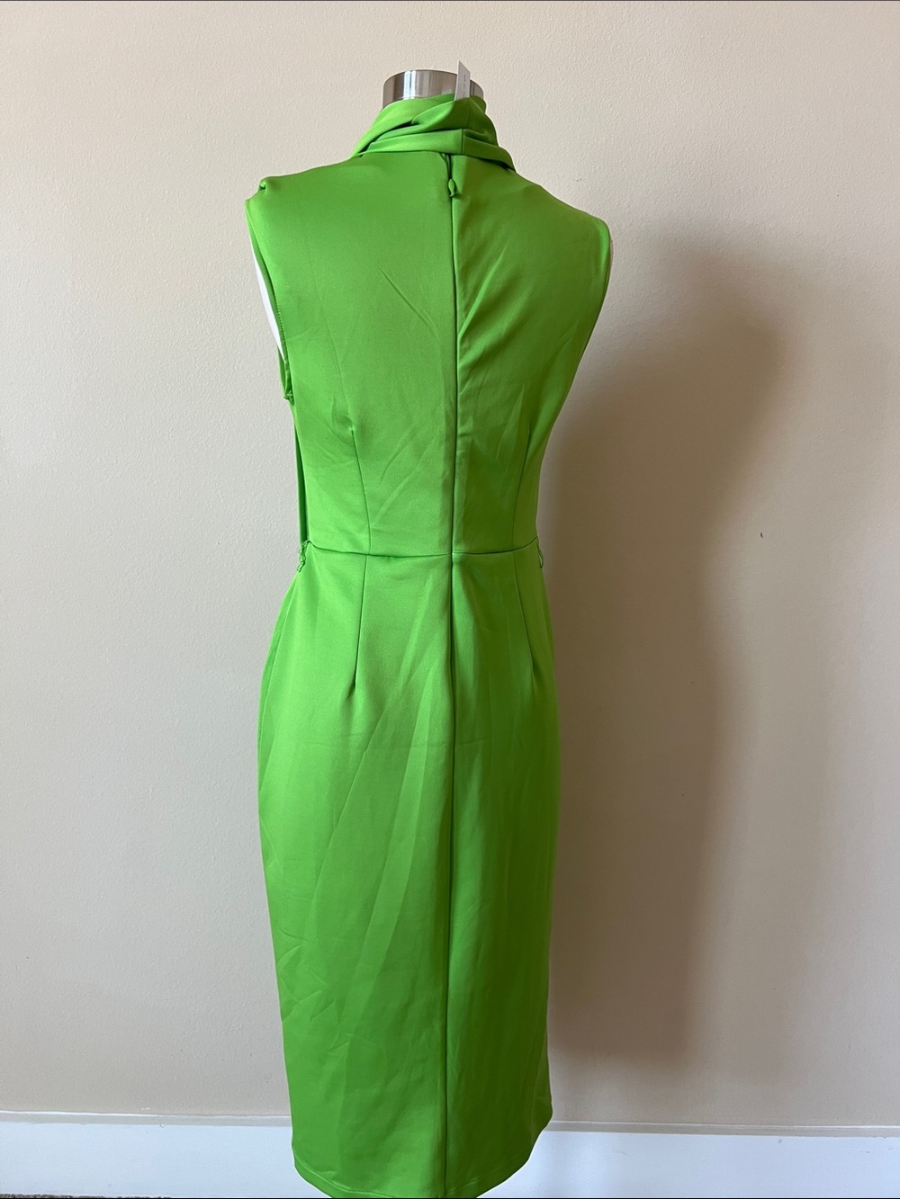 New York & Company Bright Green Sleeveless Draped Midi Dress with Neck Tie - Picture 4 of 4